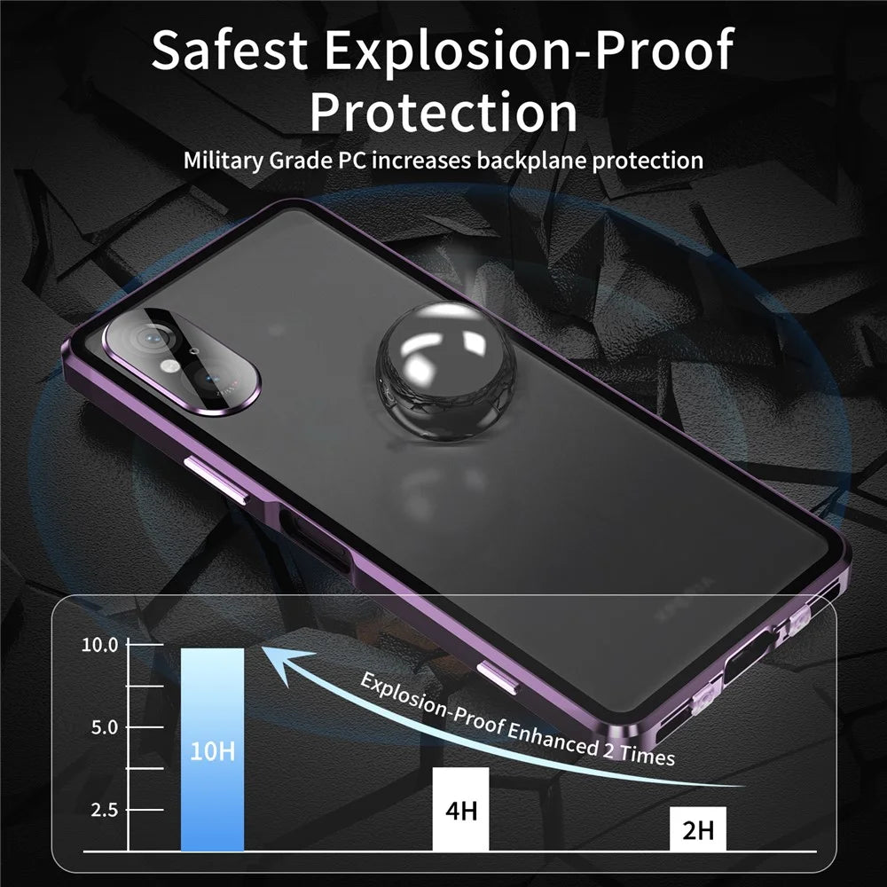For Sony Xperia 5 V Tempered Glass Case Metal Frame Clear PC Back Magnetic Phone Cover - Purple - 4