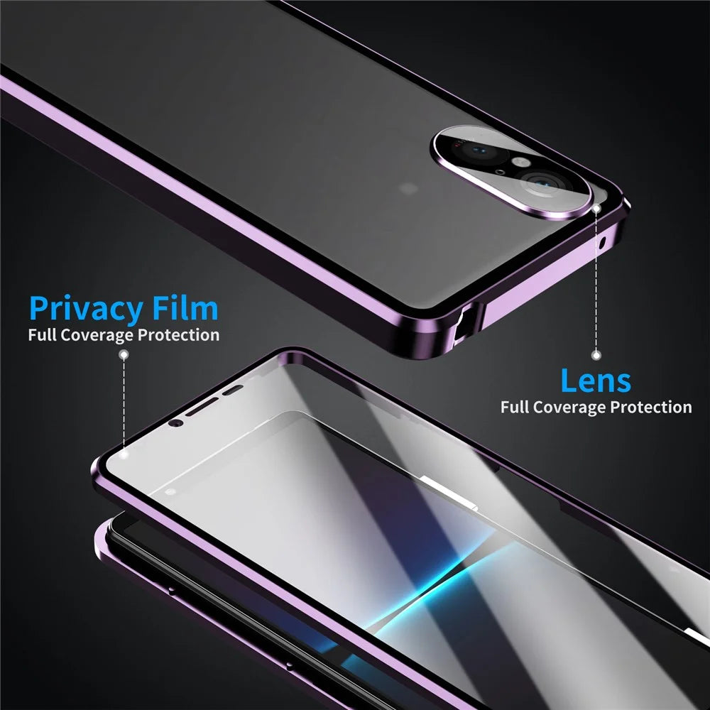 For Sony Xperia 5 V Tempered Glass Case Metal Frame Clear PC Back Magnetic Phone Cover - Purple - 5