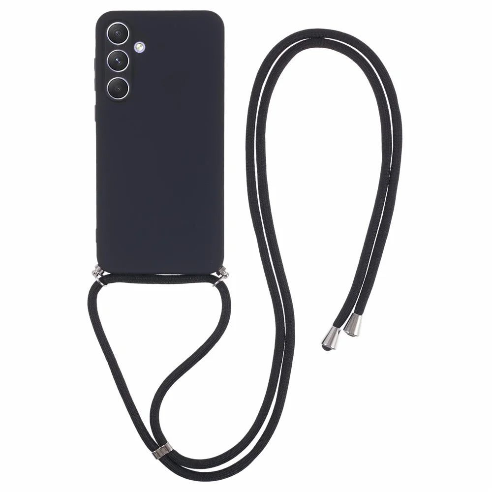 For Samsung Galaxy A55 5G Phone Case TPU Rubberized Protective Cover with Lanyard - Black - 1