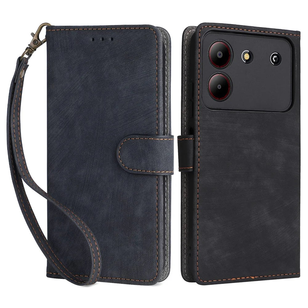 For ZTE Blade A54 Wallet Case Leather RFID Blocking Phone Cover with Hand Strap - Black - 1