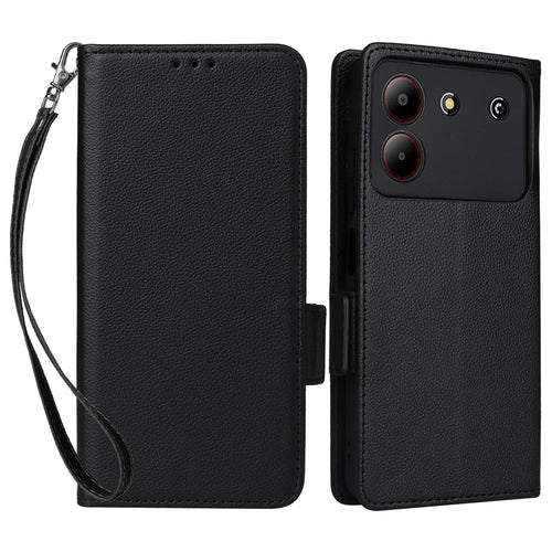 For ZTE Blade A54 Case Leather Wallet Phone Cover with Wrist Strap - Black - 1