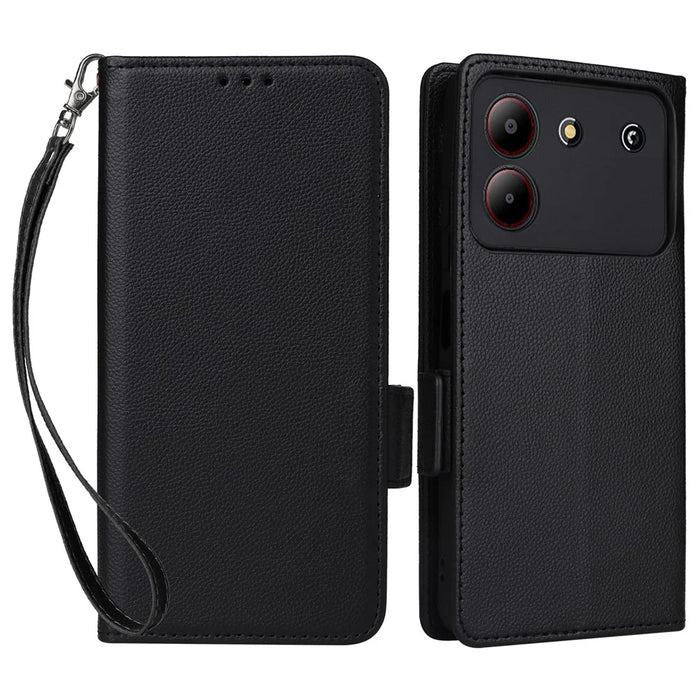 For ZTE Blade A54 Case Leather Wallet Phone Cover with Wrist Strap - Black - 1