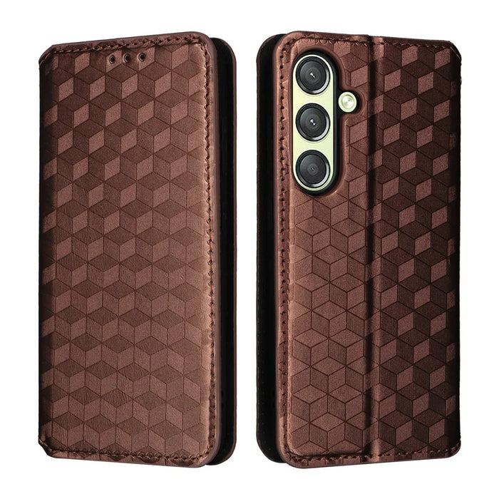 For Samsung Galaxy S24 Magnetic Phone Case Rhombus Pattern Leather Cover - Brown - 1