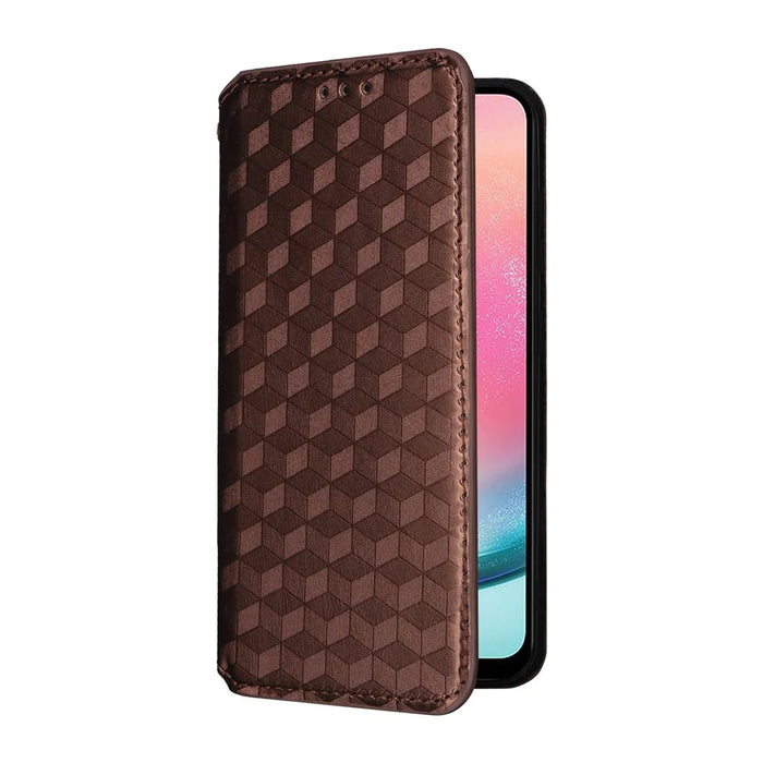 For Samsung Galaxy S24 Magnetic Phone Case Rhombus Pattern Leather Cover - Brown - 5