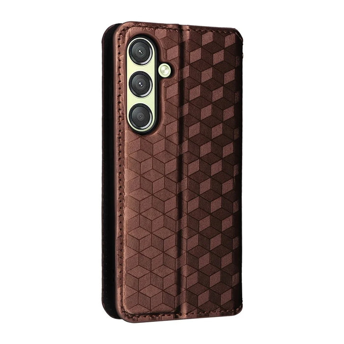 For Samsung Galaxy S24 Magnetic Phone Case Rhombus Pattern Leather Cover - Brown - 6