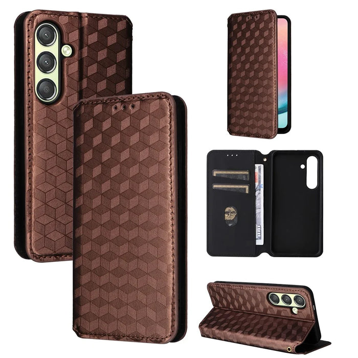 For Samsung Galaxy S24 Magnetic Phone Case Rhombus Pattern Leather Cover - Brown - 7