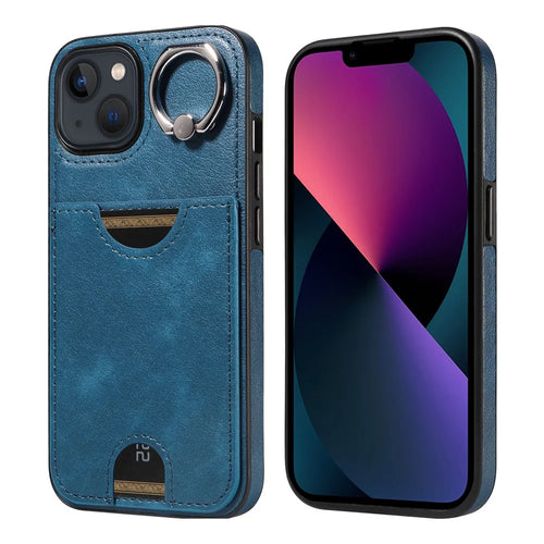 006 For iPhone 13 Case with Card Slot PU TPU Anti-drop Kickstand Phone Back Cover - Blue - 1
