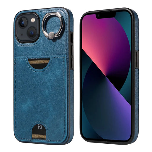 006 For iPhone 13 Case with Card Slot PU TPU Anti-drop Kickstand Phone Back Cover - Blue - 1