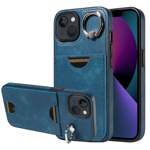 006 For iPhone 13 Case with Card Slot PU TPU Anti-drop Kickstand Phone Back Cover - Blue - 2