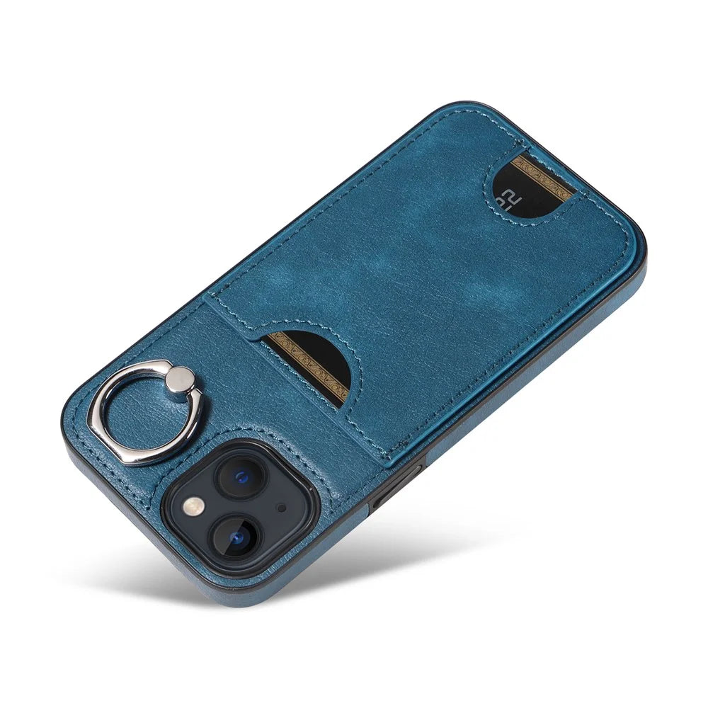006 For iPhone 13 Case with Card Slot PU TPU Anti-drop Kickstand Phone Back Cover - Blue - 3