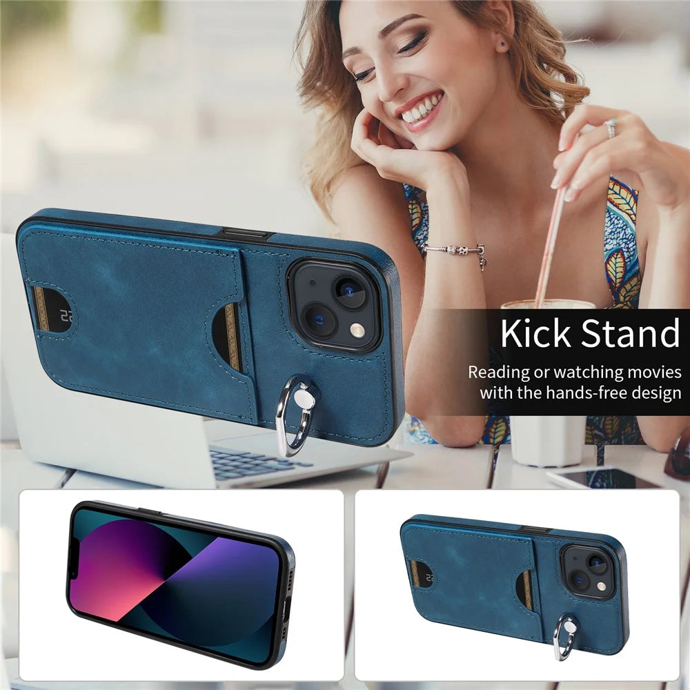 006 For iPhone 13 Case with Card Slot PU TPU Anti-drop Kickstand Phone Back Cover - Blue - 4