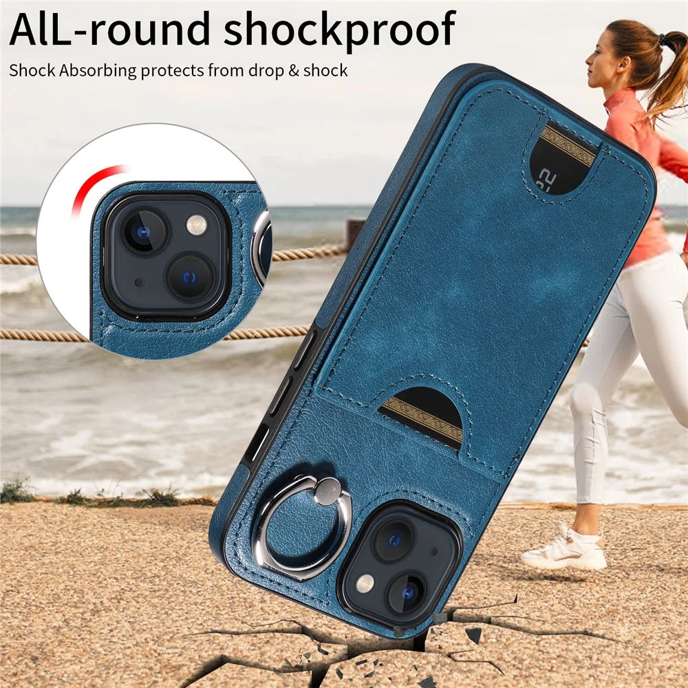 006 For iPhone 13 Case with Card Slot PU TPU Anti-drop Kickstand Phone Back Cover - Blue - 5