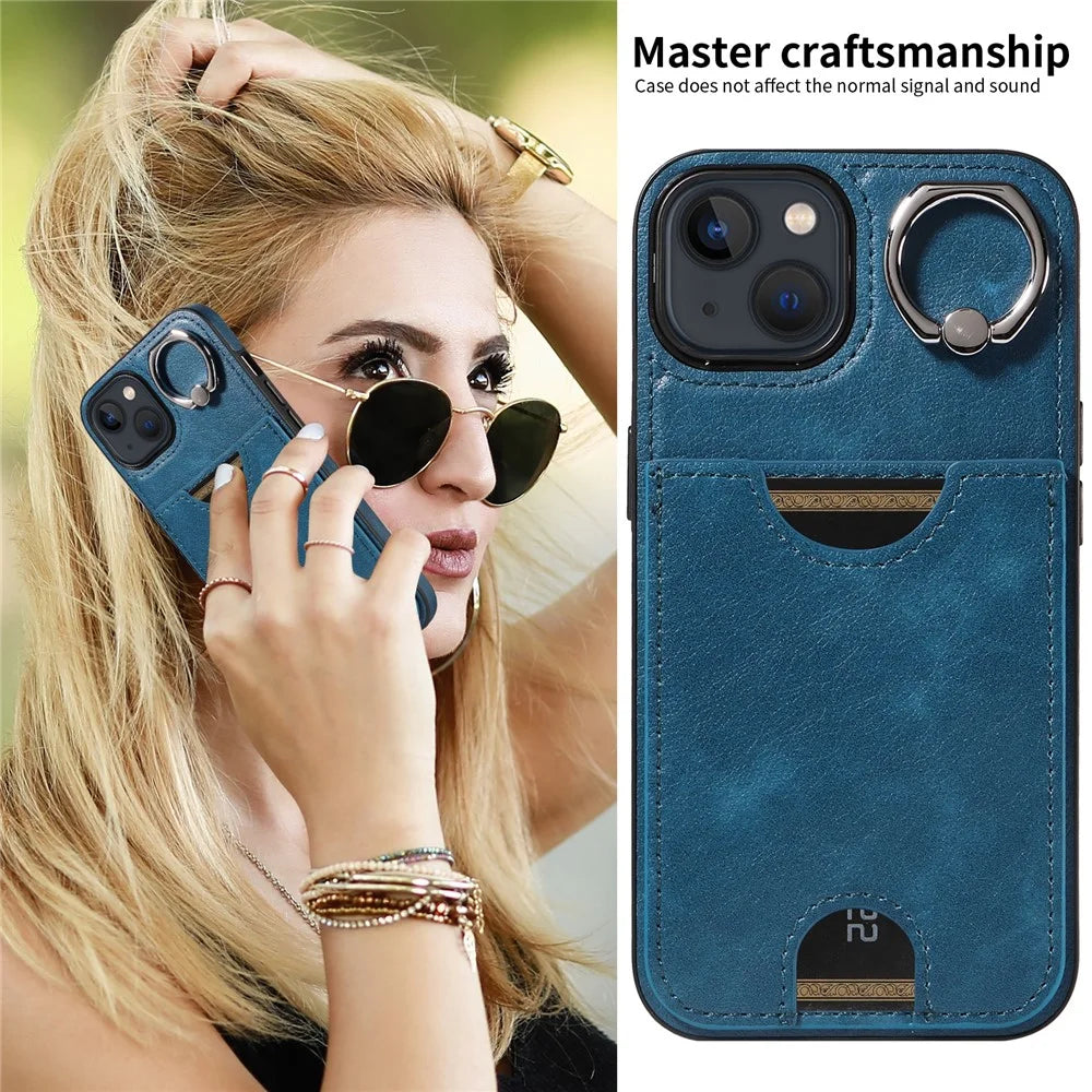 006 For iPhone 13 Case with Card Slot PU TPU Anti-drop Kickstand Phone Back Cover - Blue - 6