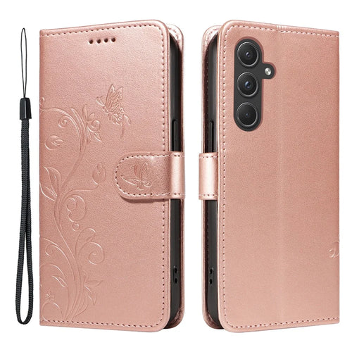 For Samsung Galaxy A55 5G PU Leather Cases Flower Pattern Wallet Stand Phone Cover with Strap - Rose Gold - 1