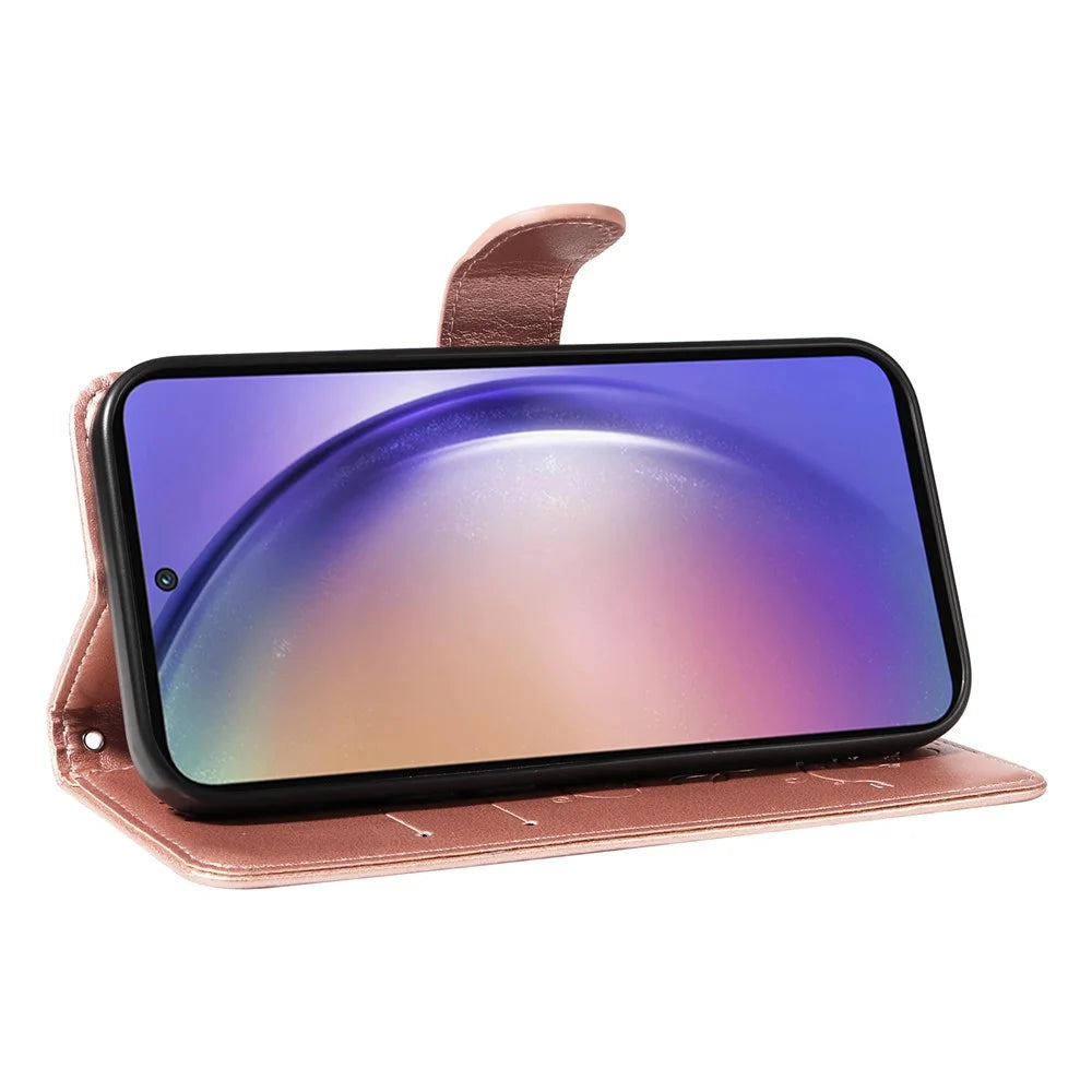 For Samsung Galaxy A55 5G PU Leather Cases Flower Pattern Wallet Stand Phone Cover with Strap - Rose Gold - 3