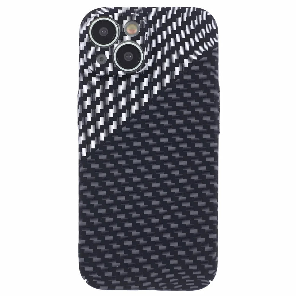 For iPhone 14 Phone Cover Carbon Fiber Texture Color Splicing PC Hard Case - Black+White - 3