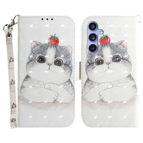 For Samsung Galaxy A55 5G Case Wallet Leather Cover 3D Pattern Print with Strap - Cute Cat - 1