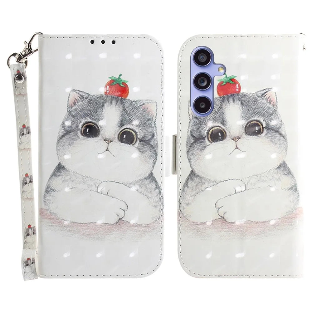 For Samsung Galaxy A55 5G Case Wallet Leather Cover 3D Pattern Print with Strap - Cute Cat - 1