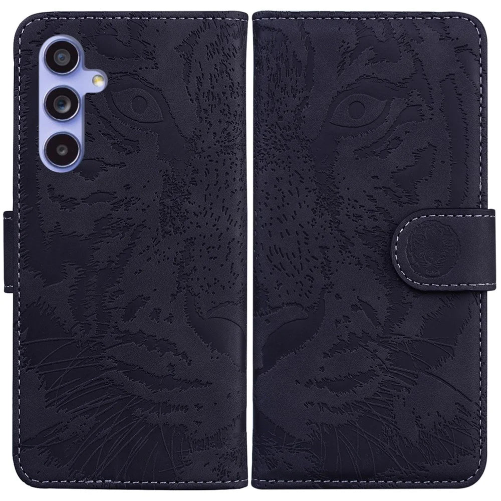 For Samsung Galaxy A35 5G Case Tiger Pattern Imprinted Leather Phone Cover - Black - 1