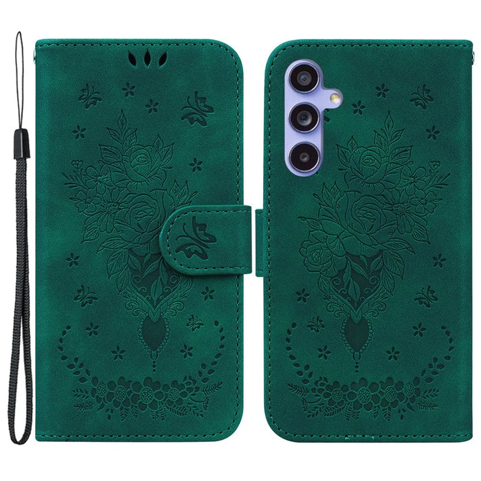 For Samsung Galaxy A55 5G Leather Case Rose Butterfly Imprinted Phone Cover - Green - 1