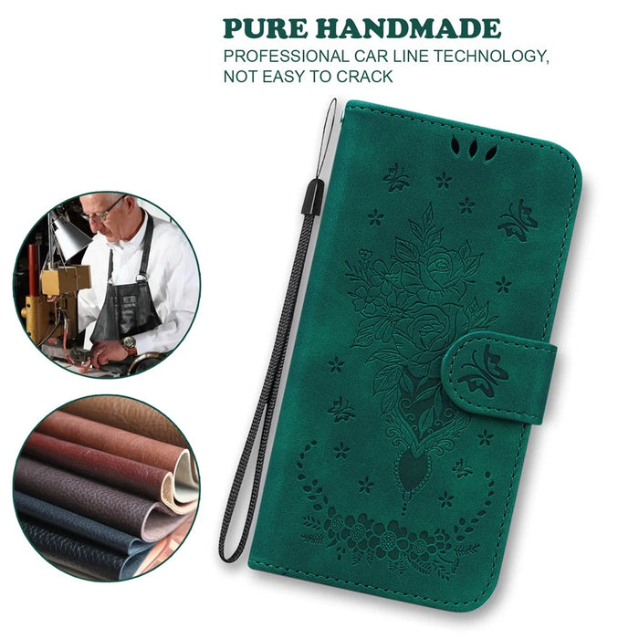 For Samsung Galaxy A55 5G Leather Case Rose Butterfly Imprinted Phone Cover - Green - 4