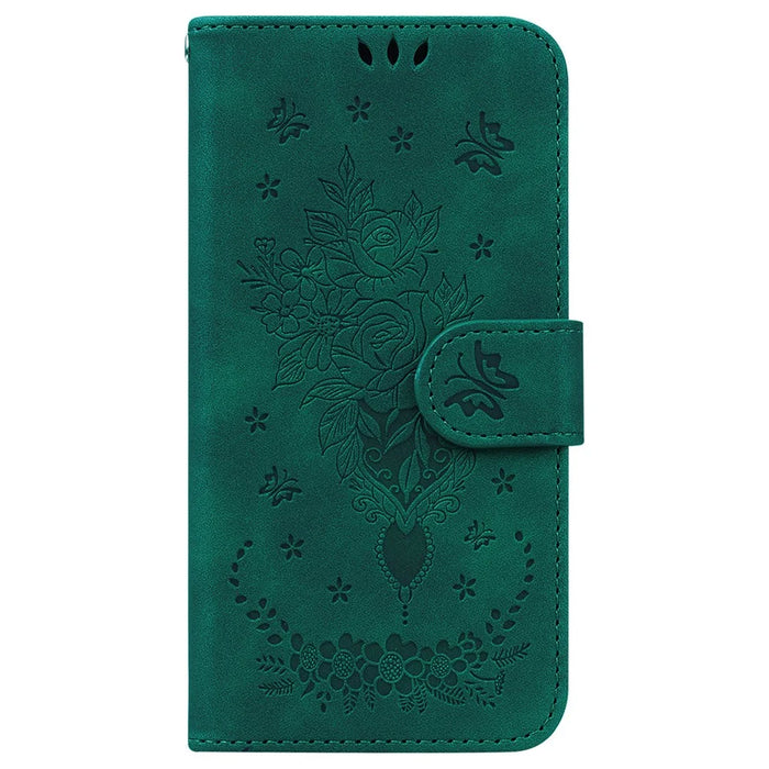 For Samsung Galaxy A55 5G Leather Case Rose Butterfly Imprinted Phone Cover - Green - 6