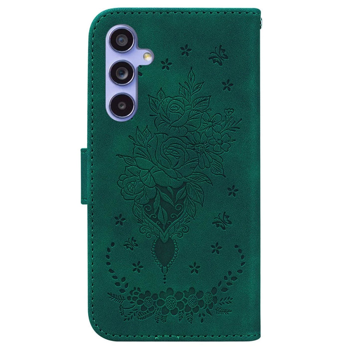 For Samsung Galaxy A55 5G Leather Case Rose Butterfly Imprinted Phone Cover - Green - 7