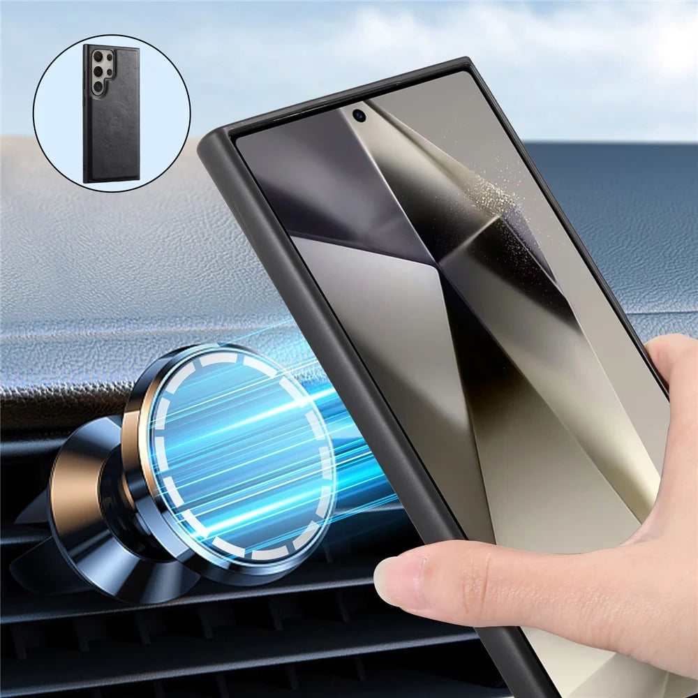 DENIOR For Samsung Galaxy S24 Ultra Magnetic Case Cowhide Texture Leather Back Cover - Black - 2