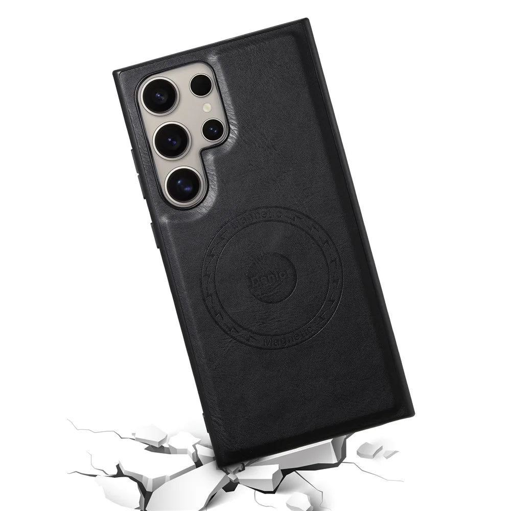 DENIOR For Samsung Galaxy S24 Ultra Magnetic Case Cowhide Texture Leather Back Cover - Black - 3