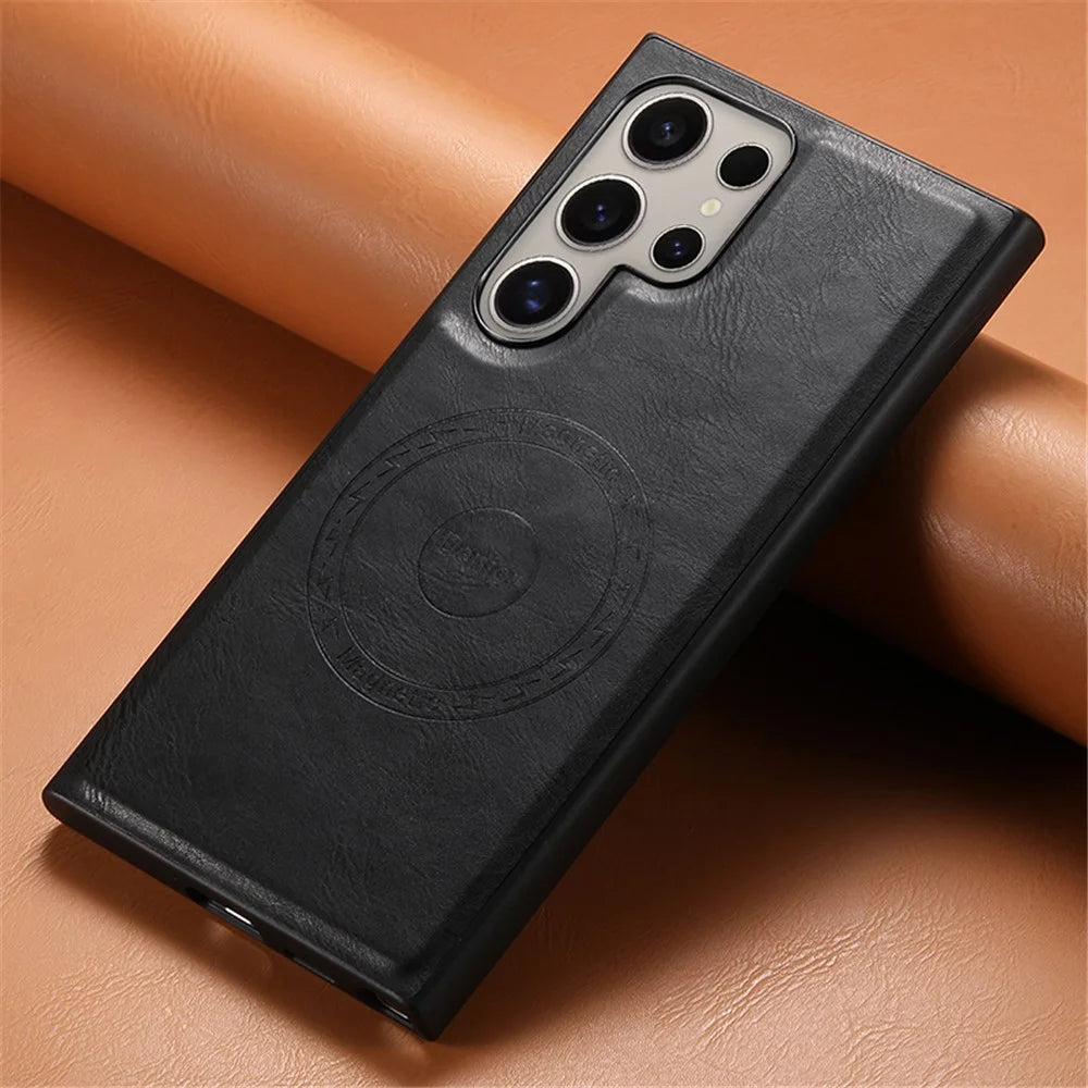 DENIOR For Samsung Galaxy S24 Ultra Magnetic Case Cowhide Texture Leather Back Cover - Black - 4