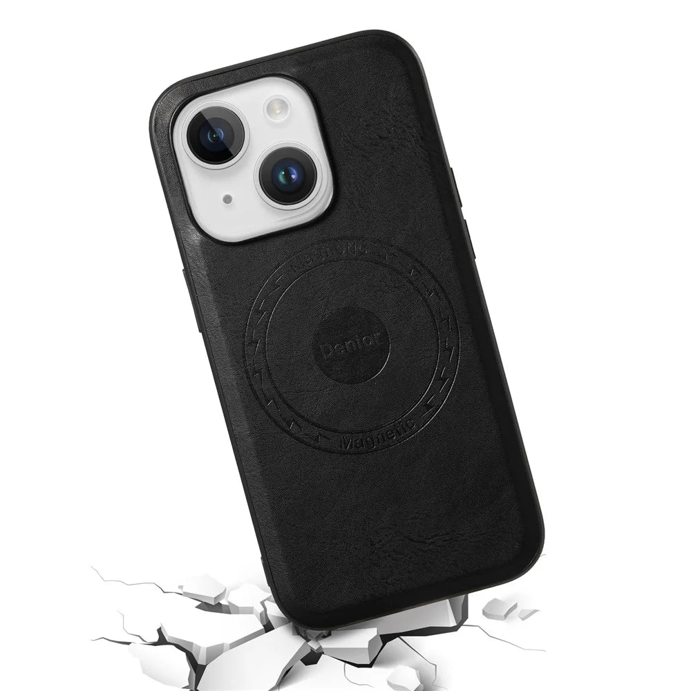 DENIOR Magnetic Phone Case for iPhone 15 Cowhide Texture PU Leather Back Cover - Black - 3