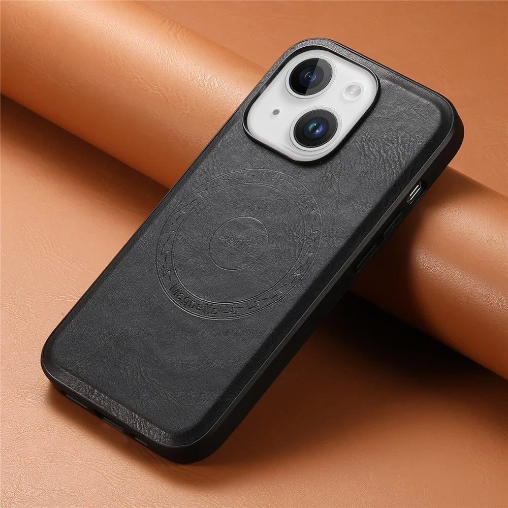 DENIOR Magnetic Phone Case for iPhone 15 Cowhide Texture PU Leather Back Cover - Black - 5