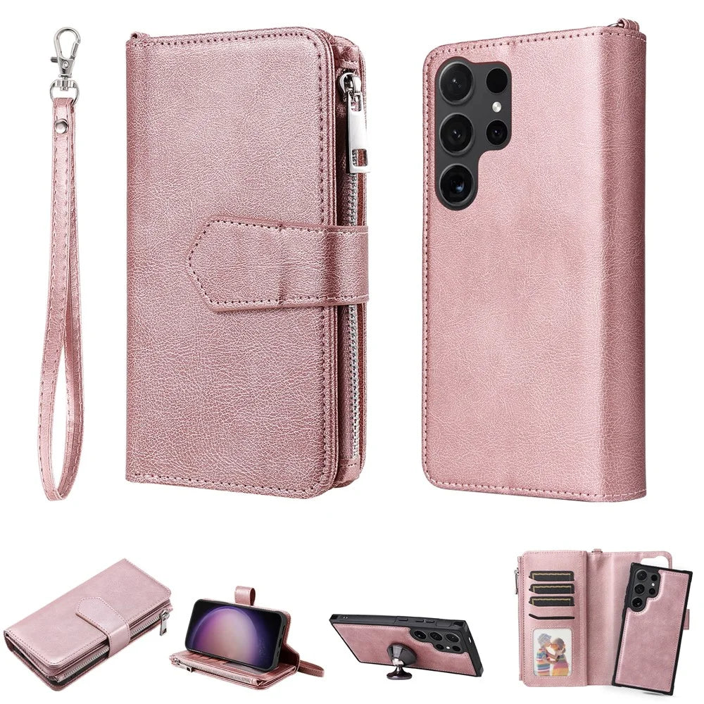 For Samsung Galaxy S24 Ultra Magnetic Leather Case Mobile Cover with Detachable Zipper Wallet Strap - Rose Gold - 1