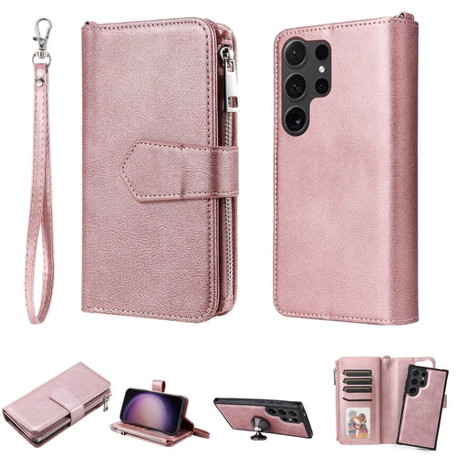 For Samsung Galaxy S24 Ultra Magnetic Leather Case Mobile Cover with Detachable Zipper Wallet Strap - Rose Gold - 1