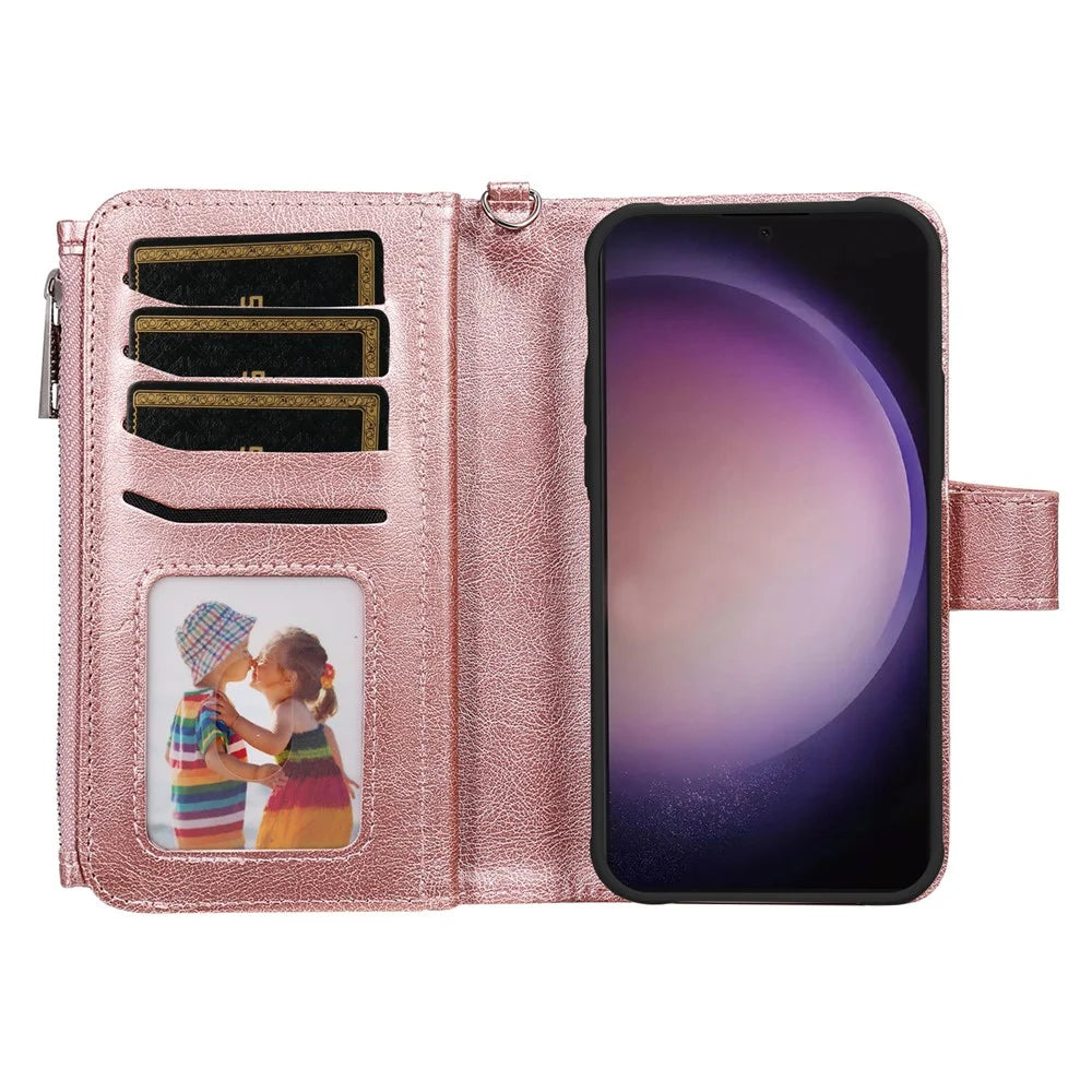 For Samsung Galaxy S24 Ultra Magnetic Leather Case Mobile Cover with Detachable Zipper Wallet Strap - Rose Gold - 2