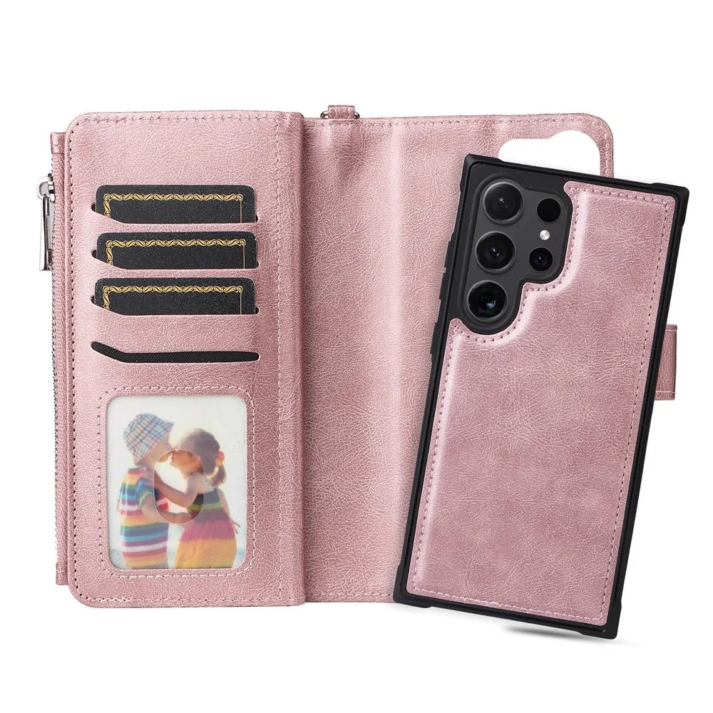 For Samsung Galaxy S24 Ultra Magnetic Leather Case Mobile Cover with Detachable Zipper Wallet Strap - Rose Gold - 4
