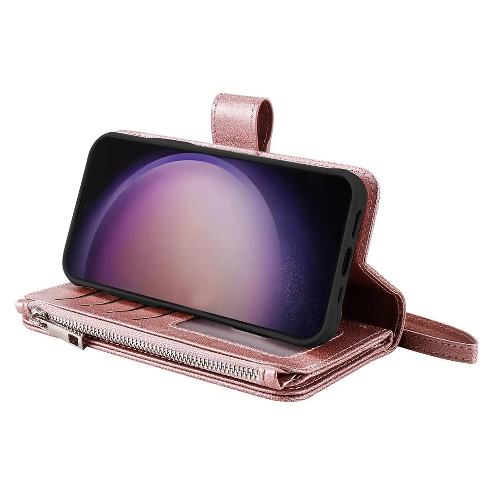 For Samsung Galaxy S24 Ultra Magnetic Leather Case Mobile Cover with Detachable Zipper Wallet Strap - Rose Gold - 5