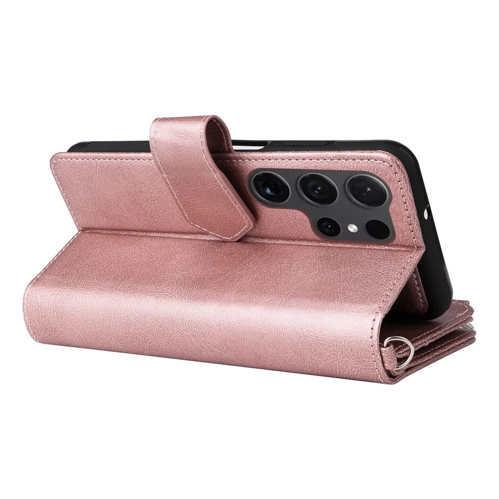 For Samsung Galaxy S24 Ultra Magnetic Leather Case Mobile Cover with Detachable Zipper Wallet Strap - Rose Gold - 6