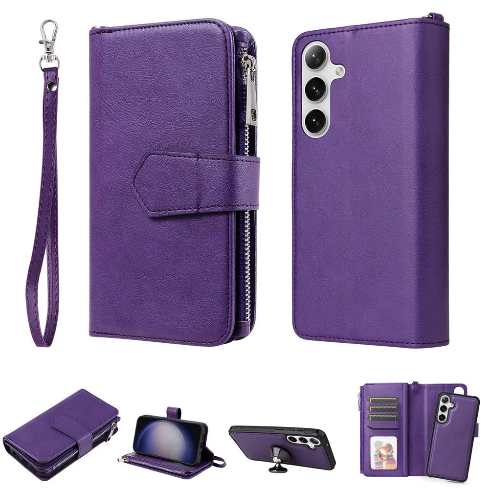 For Samsung Galaxy S25 / S24 Magnetic Leather Case Mobile Cover with Detachable Zipper Wallet Strap - Purple - 1