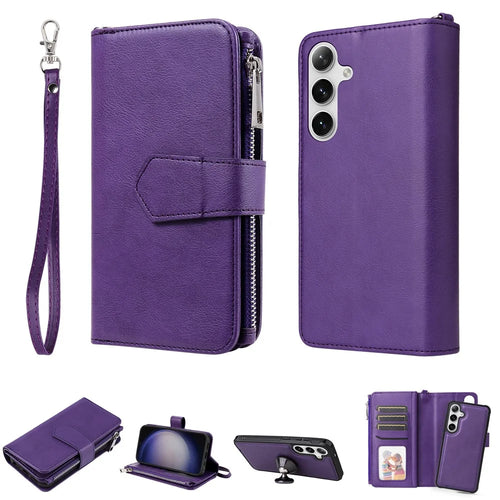 For Samsung Galaxy S25 / S24 Magnetic Leather Case Mobile Cover with Detachable Zipper Wallet Strap - Purple - 1