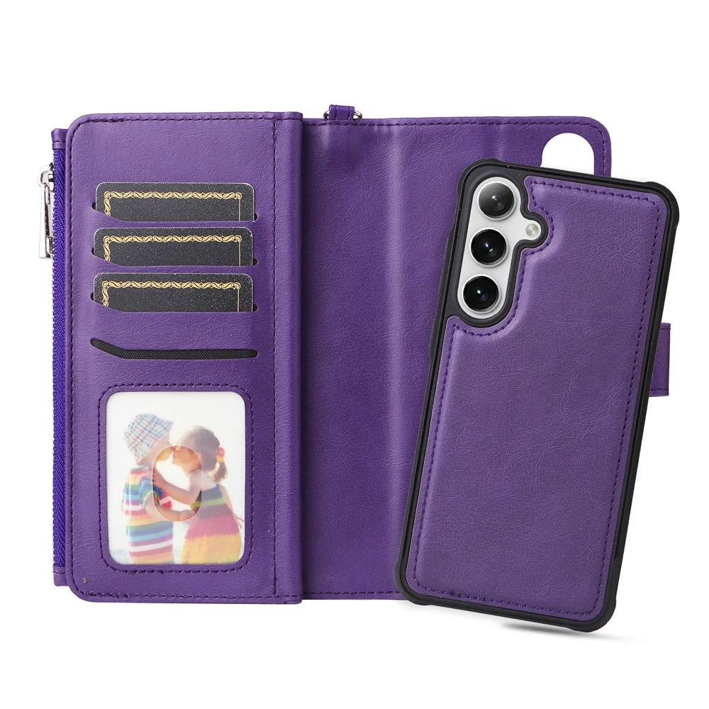 For Samsung Galaxy S25 / S24 Magnetic Leather Case Mobile Cover with Detachable Zipper Wallet Strap - Purple - 4