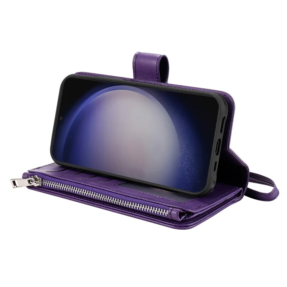 For Samsung Galaxy S25 / S24 Magnetic Leather Case Mobile Cover with Detachable Zipper Wallet Strap - Purple - 5
