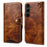 For Samsung Galaxy S24 Case Buckled Genuine Cow Leather+TPU Phone Wallet Cover - Brown - 1