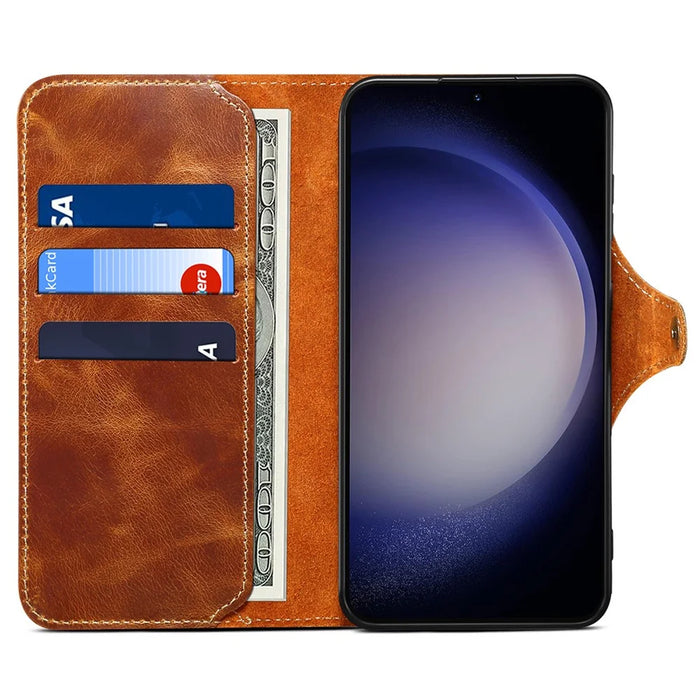 For Samsung Galaxy S24 Case Buckled Genuine Cow Leather+TPU Phone Wallet Cover - Brown - 2