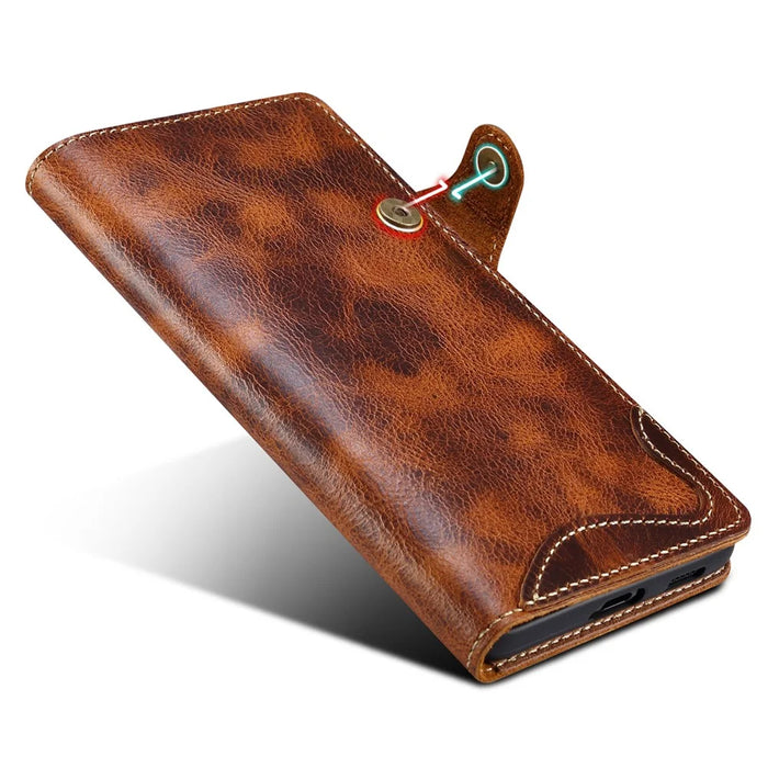 For Samsung Galaxy S24 Case Buckled Genuine Cow Leather+TPU Phone Wallet Cover - Brown - 7