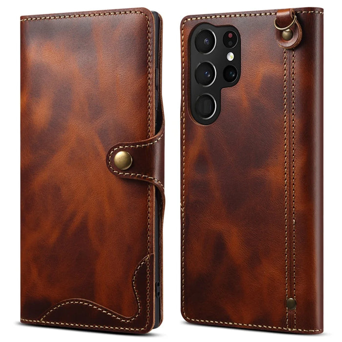 For Samsung Galaxy S24 Ultra Cell Phone Case Buckled Retro Oil Wax Wallet Cover - Brown - 1