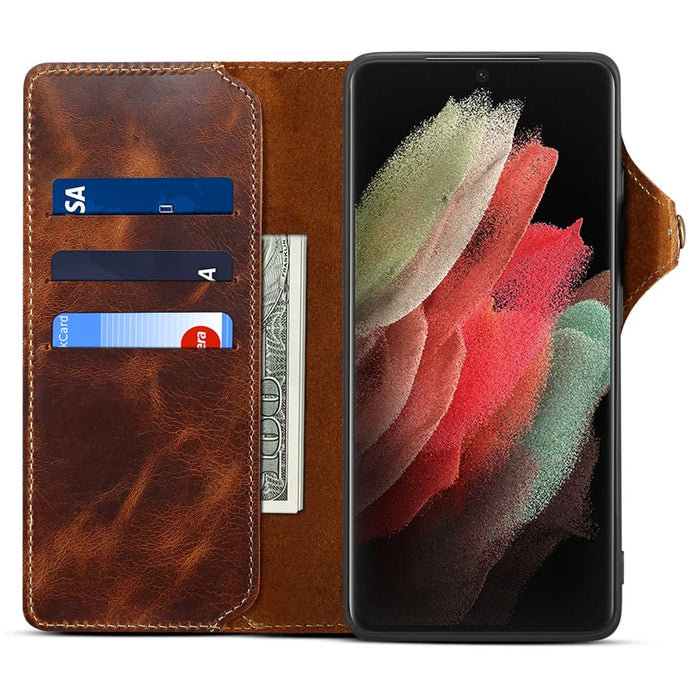 For Samsung Galaxy S24 Ultra Cell Phone Case Buckled Retro Oil Wax Wallet Cover - Brown - 2