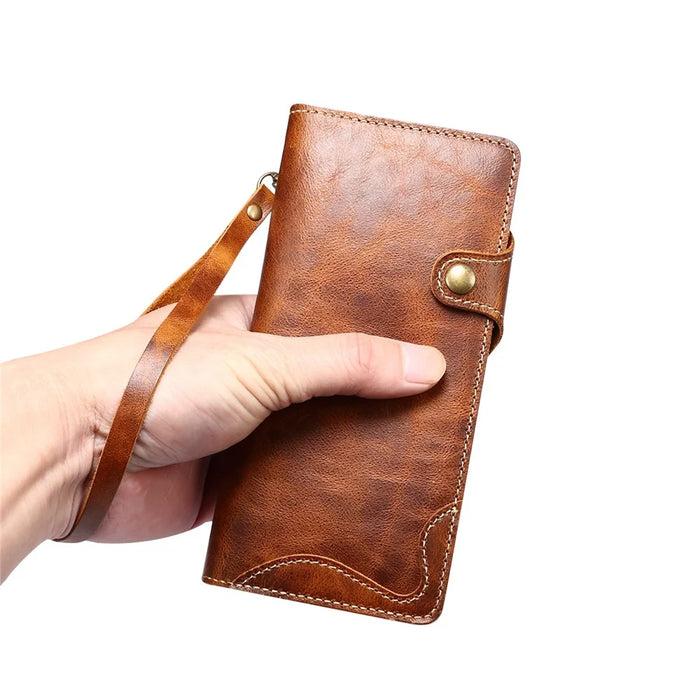 For Samsung Galaxy S24 Ultra Cell Phone Case Buckled Retro Oil Wax Wallet Cover - Brown - 4