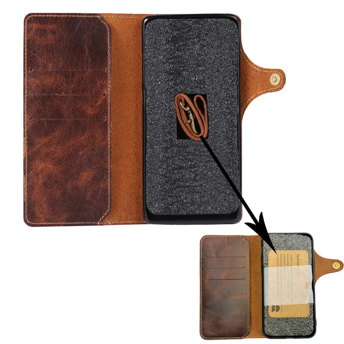 For Samsung Galaxy S24 Ultra Cell Phone Case Buckled Retro Oil Wax Wallet Cover - Brown - 6