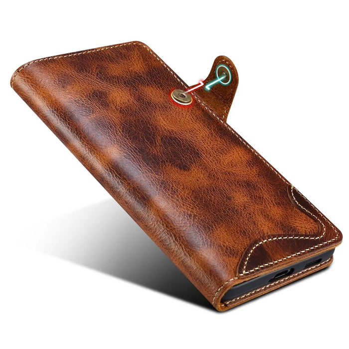 For Samsung Galaxy S24 Ultra Cell Phone Case Buckled Retro Oil Wax Wallet Cover - Brown - 7